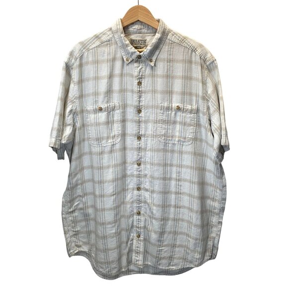 Duluth Trading Shirt Mens XL Tall Beige Plaid Short Sleeve Button Down Hemp Blen - Picture 1 of 8